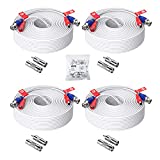 ZOSI 4 Pack 100ft (30 Meters) 2-in-1 Video Power Cable, BNC Extension Surveillance Camera Cables for Video Security Systems (Included 4X BNC Connectors and 4X RCA Adapters) -White Color