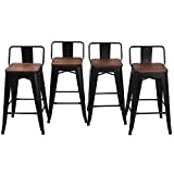 HAOBO Home 24" Low Back Metal Counter Stool Height Bar Stools with Wooden Seat [Set of 4] Barstools, Matte Black