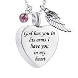 God has You in his arms with Angel Wing Charm Cremation Ashes Jewelry Keepsake Memorial Urn Necklace with Birthstone Crystal (October)