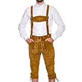 BAVARIA TRACHTEN Lederhosen for Men - Genuine Leather Authentic German Leather Pants - Leiderhausen for Men - Original Oktoberfest Costume / Outfit - Light Brown - Kneebound (Long)