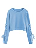 SweatyRocks Women's Casual Lace Up Long Sleeve Pullover Crop Top Sweatshirt Blue Medium