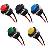 weideer 5pcs 16mm Momentary Push Button Switch SPST AC250V/3A AC125V/6A ON Off 2 Pin Mini Self-Reset Round Plastic Switch(5 Colors) with Pre-soldered Wires R13-507-5-X