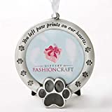 FASHIONCRAFT Pet Memorial Ornament Departed Paw Prints You Left Paw Prints On Our Hearts Round Metal Photo Frame Velvet Easel Back & Gift Box Table Top Remembrance Pewter Finish Dog, Cat