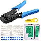 Gaobige rj45 Crimp Tool Kit, Cat5 Cat5e Crimping Tool with 100pcs rj45 Cat5 Connectors, 20pcs rj45 Cat5 Cat6 Connector Covers, Cable Tester, Network Wire Stripper