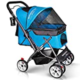 WONDERFOLD P1 Folding Pet Stroller Wagon for Dogs/Cats with 4 Wheels, Zipperless Entry, Storage Basket, and Cup Holder (Aqua Blue)