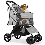 Pet Stroller for Cat Dog - 4 Wheels Foldable Traveling Lightweight Animal Gear Carriage for Small Medium Size Dogs & Cats Rabbit with Storage Basket (Gray)