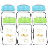 Matyz Glass Breastmilk Storage Bottles, 6 Pack, 6 oz, Sturdy Glass Bottle For Milk Freezing And Baby Feeding - Pumping Bottle For Philips Medela Spectra Breast Pumps - BPA Free (3 Green & 3 Blue Lids)