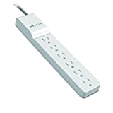 Power Strip, Belkin Surge Protector 6 AC Multiple Outlets, Flat Rotating Plug, 6 ft Long Heavy Duty Extension Cord for Home, Office, Travel, Computer Desktop & Charging Brick, White (1080 Joules)