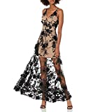 Dress the Population Women's Embellished Plunging Gown Sleeveless Floral Long Dress, Black/Nude Sidney, M