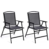 Bylring Patio Folding Sling Dining Chairs Set of 2 Outdoor Indoor Backrest Portable Household Seats for Outside Lawn Garden Patio Pool Yard with Armrest(Black)