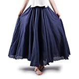 Women's Full Circle Elastic Waist Band Cotton Long Maxi Skirt Dress Navy Blue 95CM Length