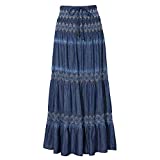 DREFBUFY Maxi Skirt Womens High Waist Pleated Tiered Long Skirts, Denim Look with Elastic Waistband, Casual Style Midi Dress for Women, Multi Wearing Styles (Blue16, Large)