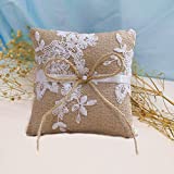 Burlap Ring Bearer Pillow Cushion 6 Inch 15cm Rustic Vintage Country Wedding Ceremony Natural Home Decoration Pearl Linen Ribbon Ring Bearer Pillows for Wedding Ring Bearer Gifts Wedding Ring Holder