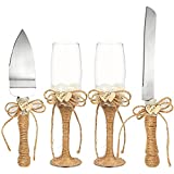 Wedding Cake Knife and Server Set with Champagne Glasses for Rustic, Country Theme (4 Pieces)