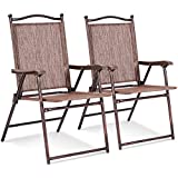 Giantex Set of 2 Patio Folding Chairs, Sling Chairs, Indoor Outdoor Lawn Chairs, Camping Garden Pool Beach Yard Lounge Chairs w/Armrest, Patio Dining Chairs, Metal Frame No Assembly, Brown