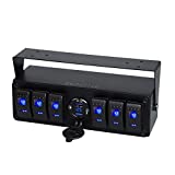 Switchtec 4 or 6 Gang Rocker Toggle Switch 12V Panel w/Quick Charge 3.0 USB Charger & Voltmeter, RED or Blue Led. All are Pre-Wired in Surface Mount Box Enclosure. (Blue 6 SWITCHES)