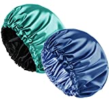 2-Pack Satin Bonnet Sleep Bonnet Cap - Double Layer Reversible Adjustable satin Cap for Sleeping Hair Bonnet Extra Large,Blue - Green