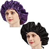 2 Pcs Satin Hair Bonnet for Sleeping, Double Layer Reversible Adjustable Satin Bonnet Hair Wraps for Women Satin Lined Cap