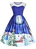 Women's Plus Size Christmas Tree Printed Dress Lace Round Neck Sleeveless Cute Party Cocktail Dresses Blue Large