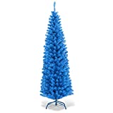 GOFLAME 6ft Pencil Artificial Christmas Tree, Slim Christmas Tree with Metal Stand, Electroplated Pencil Tree, Traditional Indoor Decoration, Suitable for Festival, Party, Holiday (Blue)