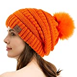PAGE ONE Womens Fleece Lined Slouchy Beanie Chunky Baggy Hat Fur Pompom Winter Soft Warm Cap Orange