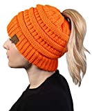 Messy Bun Womens Winter Knit Hat Beanie Tail - Neon Orange