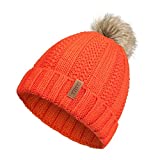 SAMZX Womens Winter Hat Thick Cable Knit Warm Beanie for Women with Faux Fur Pom Pom Hat Orange