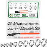 FOLIV 115PCS Crimp Clamps - 304 Stainless Steel Single Ear Hose Clamp Kit, 6-28.6mm Stepless Hose Crimp Clamps Assortment Kit with Ear Clamp Pincer for Water Pipe, Plumbing, Automotive