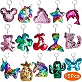 Outee Sequin Keychain 15 Pcs Flip Sequin Keychain for Mermaid Tail Clover Cat Animals Shape Christmas Gift Party Favors for Kids Adults Party Favors Gift 15 Different Designs