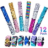 Pawliss 12 Pack Little Mermaid Magic Charm Reversible Sequin Slap Bracelets, Birthday Party Favors Supplies Gifts for Girls Kids, Pink Blue Purple