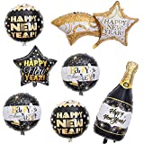 7 PCS 2022 Happy New Years Eve Balloons Decorations Set,Star Champagne Bottle Balloons and Round Foil Balloons for 2022 New Years Eve Party Decorations