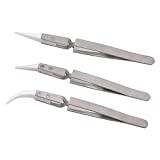 3pcs Precision Reverse Ceramic Stainless Steel Tweezers Non-Conductive, Anti-Magnetic Pointed & Curved Tips Tweezers Set Cross Lock Soldering Tool