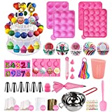 556 Pcs Silicone Lollipop Mold Set,Cake Pop Maker Kit,Baking Supplies with 3 Tier Cake Stand,Chocolate Candy Melting Pot, Lollipop Sticks,Bag and Twist Ties,Decorating Pen and 6 Piping Icing Tips
