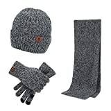 ecodudo Winter Unisex Beanie Hat Scarf Touch Screen Gloves Set 3 Pieces Knit Hats Skull Caps Warm Acrylic Lined Neck Scarf and Glove for Men and Women (Ribbed Knit-Grey)