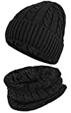 2 Pieces Winter Beanie Hat Scarf Set Thick Warm Fashion Knit Skull Cap Fleece Lined Scarves Gifts for Men Women, Black