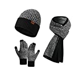 Men's Winter Beanie Hat Warmer Long Scarf and Touchscreen Gloves Set 3 PCS Knitted Skull Cap Set with Fleece Lined for Men & Women Black