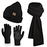 Beanie Scarf and Gloves Set for Women, Warm Knit Beanie Hat Touch Screen Mittens Winter Scarf for Men and Women (Black)