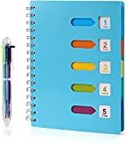 Kesoto A5 Lined Notebook with Multicolored Pen Wire Spiral Subject Notebook Journal with 5 Divider Tabs & 6 Color Retractable Ballpoint Pen, 240 Pages, Blue