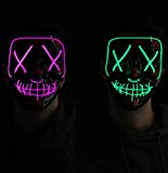 2 Pcs Halloween Led Masks Light Up Scary Mask with 3 Lighting Modes for Halloween Cosplay Costume and Party Supplies (Green Purple)