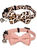 Gyapet Collar for Cats Pets Breakaway with Bell Bowtie Floral Bow Detachable Adjustable Safety Puppy 2pcs Pink Leopard & Pure