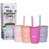 Grow Forward Bamboo Cups - Kids Cups with Straws and Lids - Eco Friendly BPA Free - Dishwasher Safe – Reusable 10 OZ Cups with Silicone Lids and Straws - Drinking, Smoothies - Floral