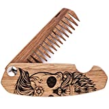 Wooden Beard Comb for Men Folding Pocket Comb for Moustache Beard & Hair Walnut Combs Engraved w/Skull