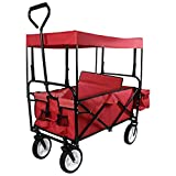 Collapsible Outdoor Utility Lightweight Wagon Cart with Top Canopy, Heavy Duty Folding Garden Portable Hand Cart, with Drink Holder, Suit for Shopping, Park Picnic and Camping with Extra Padding