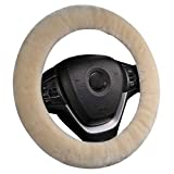 Soft Fluffy Sheepskin Car Steering Wheel Cover, Fuzzy Fur Protector for Universal Car 14 1/2inch-15 1/2inch, Anti-Slip Comforting Auto Accessories (Pearl)