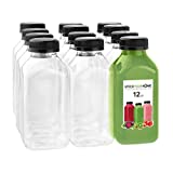 12 oz Juice Bottles with Caps for Juicing (12 pack) - Reusable Clear Empty Plastic Bottles - 12 Oz Drink Containers for Mini Fridge, Juicer Shots - Mini Water Bottles - Includes Labels, Brush & Funnel