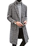 Uaneo Men's Casual Notch Lapel Single Breasted Plaid Mid Long Trench Pea Coat (Gray, X-Small)