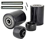 Pallet Jack/Truck Load Wheels Full Set with Axles and Entry Exit Roller 3" x 3.75" with Bearings ID 20mm Poly Tread Black