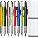 8 Pieces Gift Pen for Men 6 in 1 Multitool Tech Tool Pen Screwdriver Pen with Ruler, Levelgauge, Ballpoint Pen and Pen Refills, Unique Gifts for Men (Gold Black Silver Yellow Red Green Blue Gray)