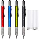 4 Pieces Gift Pen for Men 6 in 1 Multitool Tech Tool Pen Screwdriver Pen with Ruler, Levelgauge, Ballpoint Pen and Pen Refills, Unique Gifts for Men (Red, Green, Blue, Gray)