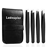 LUDOUPIER Eyebrow Tweezer Set with Travel Case,4-Piece Daily Beauty Tools for Hair Removal (Black)